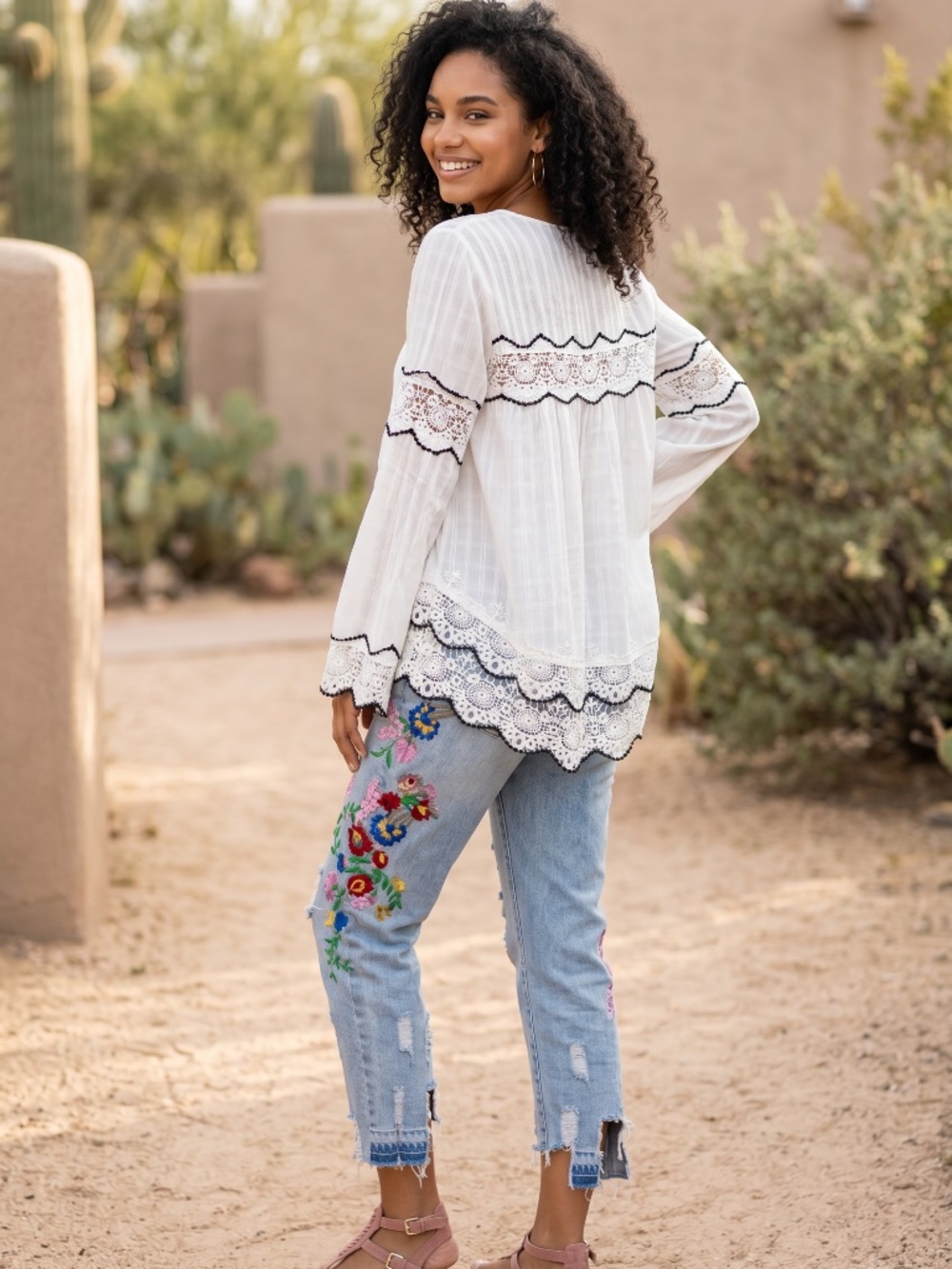 POL White Lace Trim Peasant Top | Long Bell Sleeve Cotton Babydoll - Picture 5 of 6